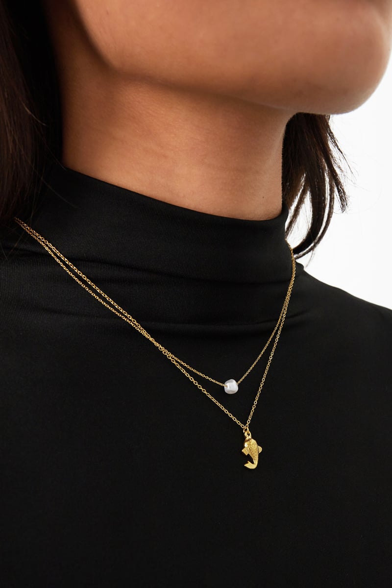 Fish and pearl Necklace - Goud kleur