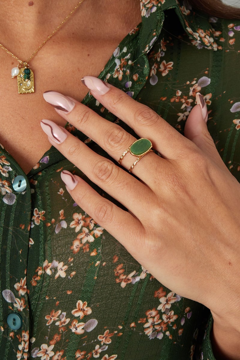 Ring klassiek langwerpige steen - Goud kleur/wit