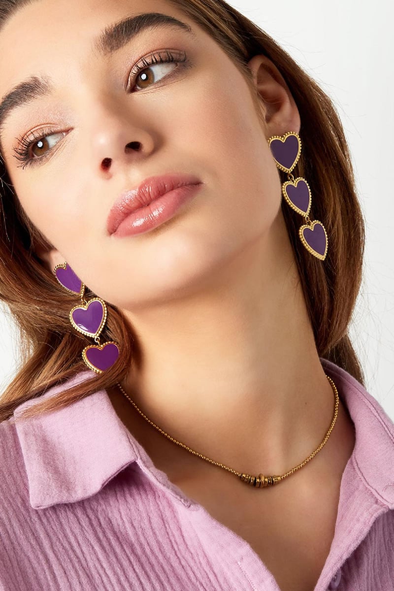 Oorbellen 3 sierlijke hartjes op een rij Paars Stainless Steel