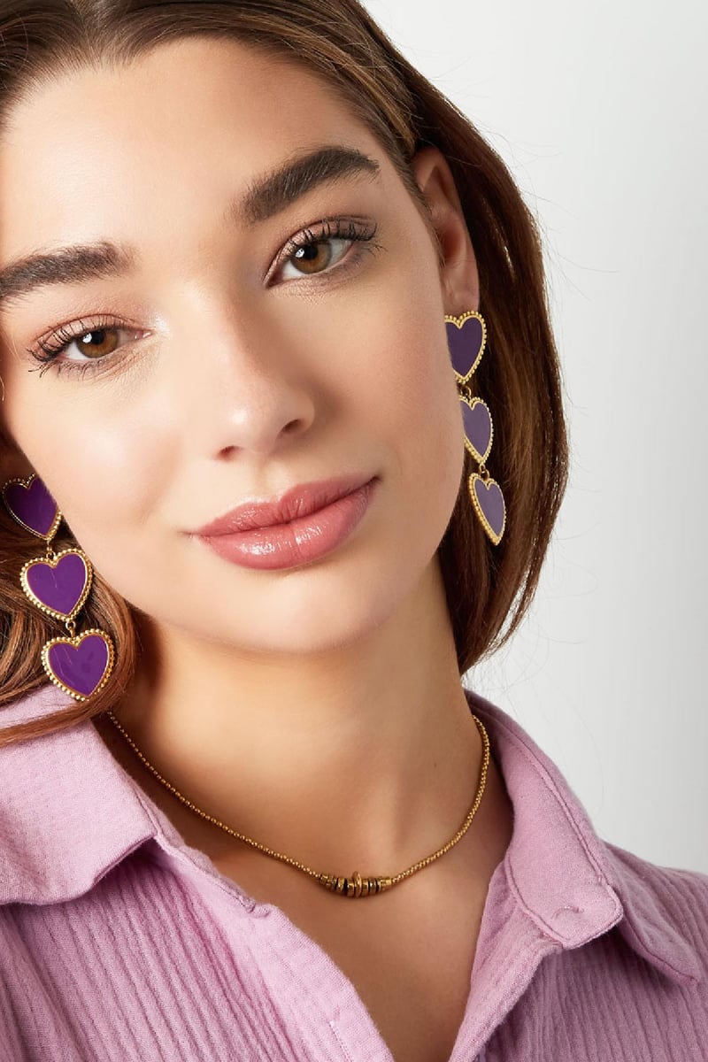 Oorbellen 3 sierlijke hartjes op een rij Paars Stainless Steel