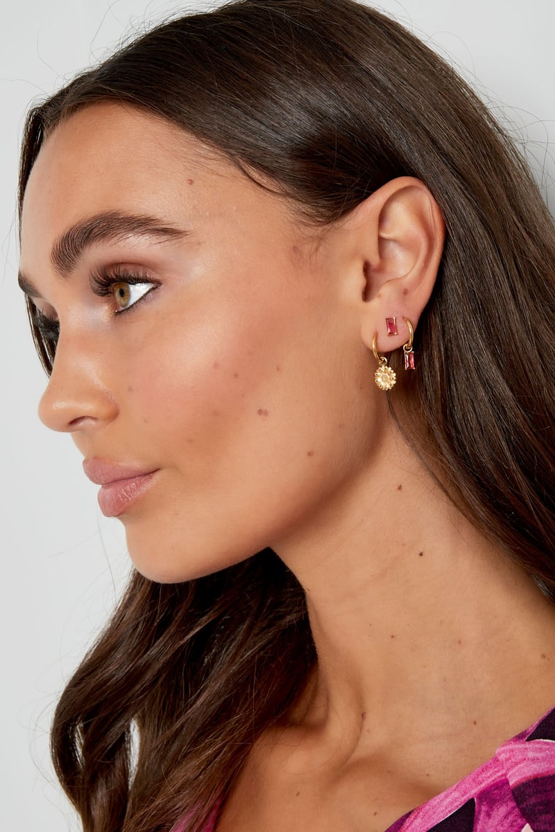 Oorstekers rechthoekige steen - Goud kleur/fuchsia