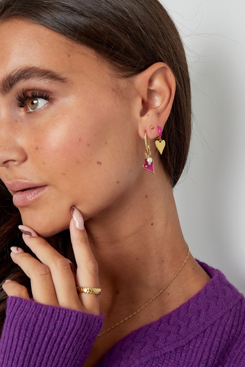 Oorbellen gekleurd hart met parel - Goud kleur/paars