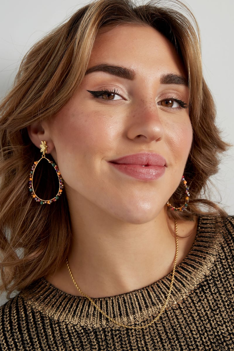 Oorbellen druppel met kraaltjes en bloem - Goud kleur/roze