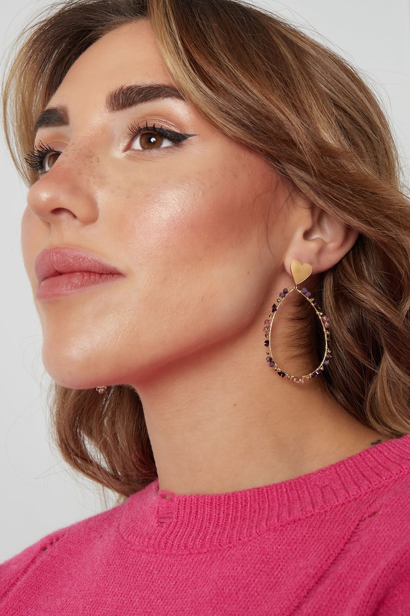 Oorbellen ovaal met kraaltjes en hart - Goud kleur/paars