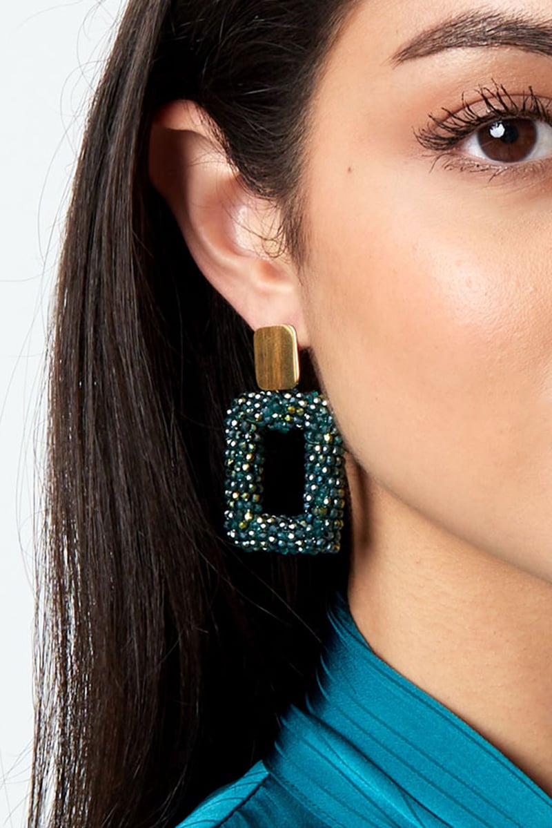 rechthoek oorbellen met glaskralen - zwart 