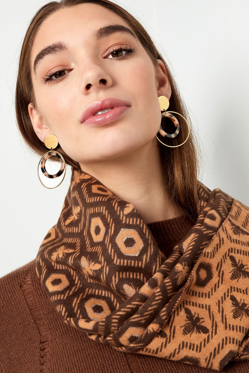 Oorbellen double round - Goud kleur/beige