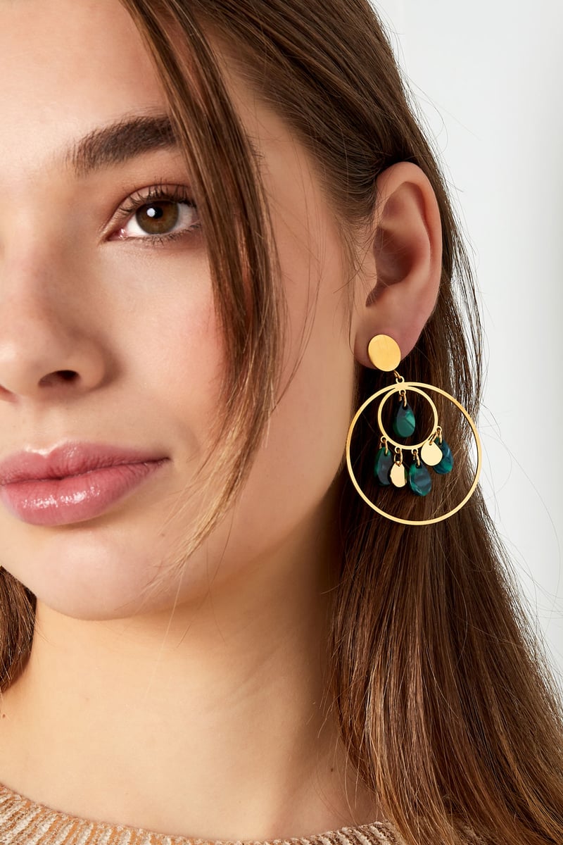 Oorbellen cirkels met coins - Goud kleur/groen