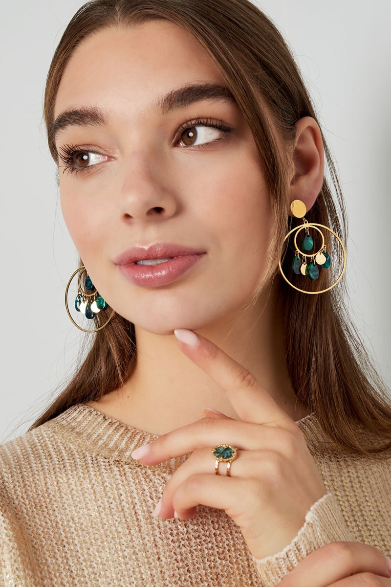 Oorbellen cirkels met coins - Goud kleur/groen