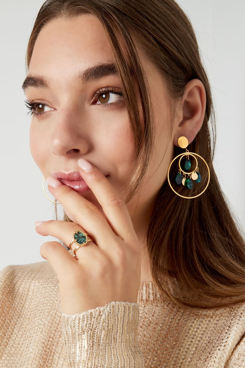 Oorbellen cirkels met coins - Goud kleur/groen