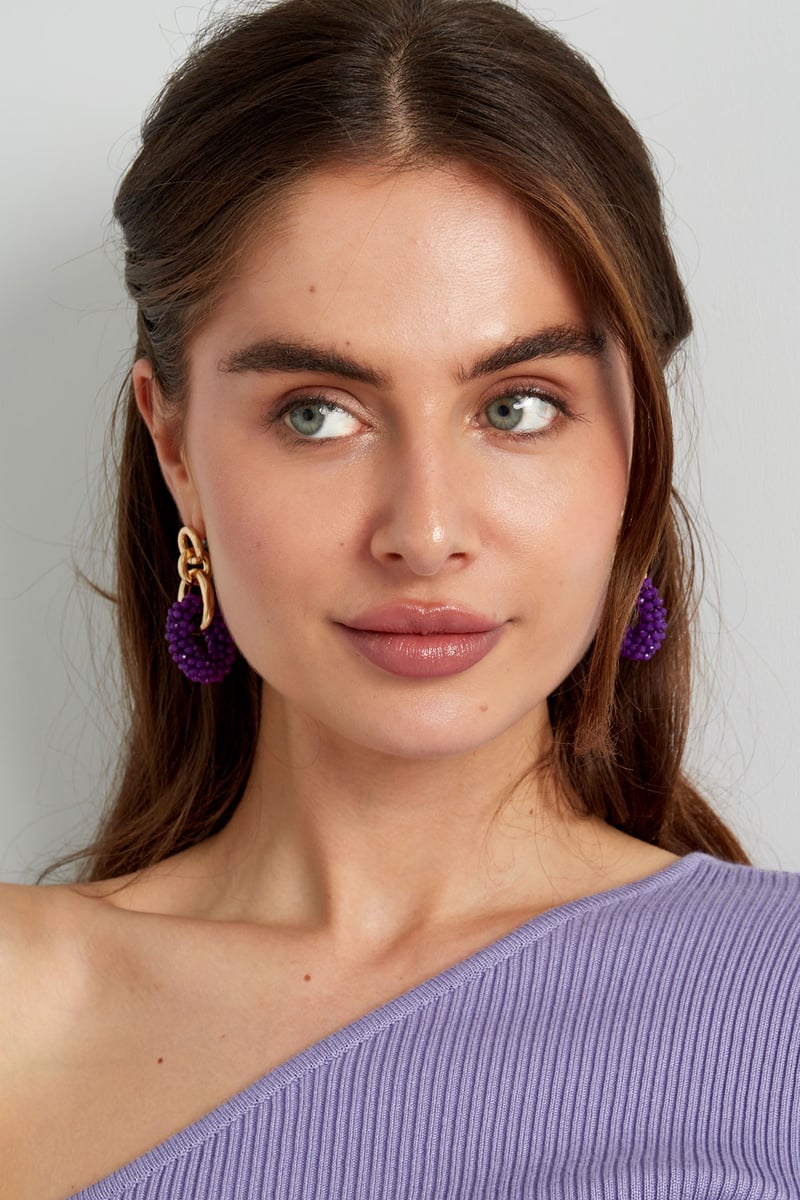 Dubbele oorbel met kralen - fuchsia