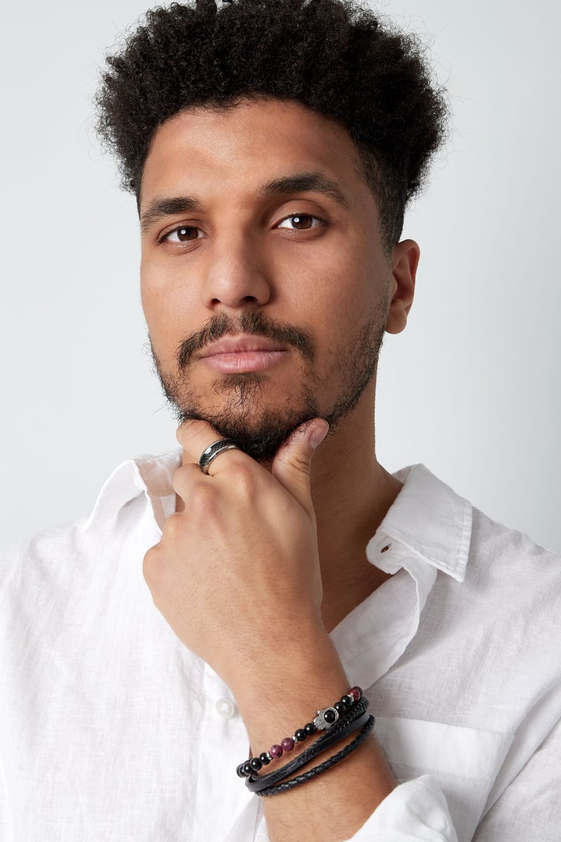 Dubbele mannenarmband met handbedel - Zwart Zilver