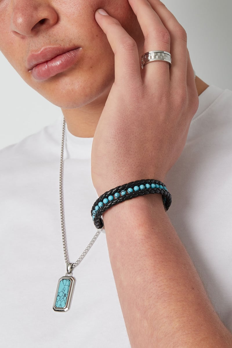 Dubbele mannenarmband gevlochten met kralen in het midden - turquoise 