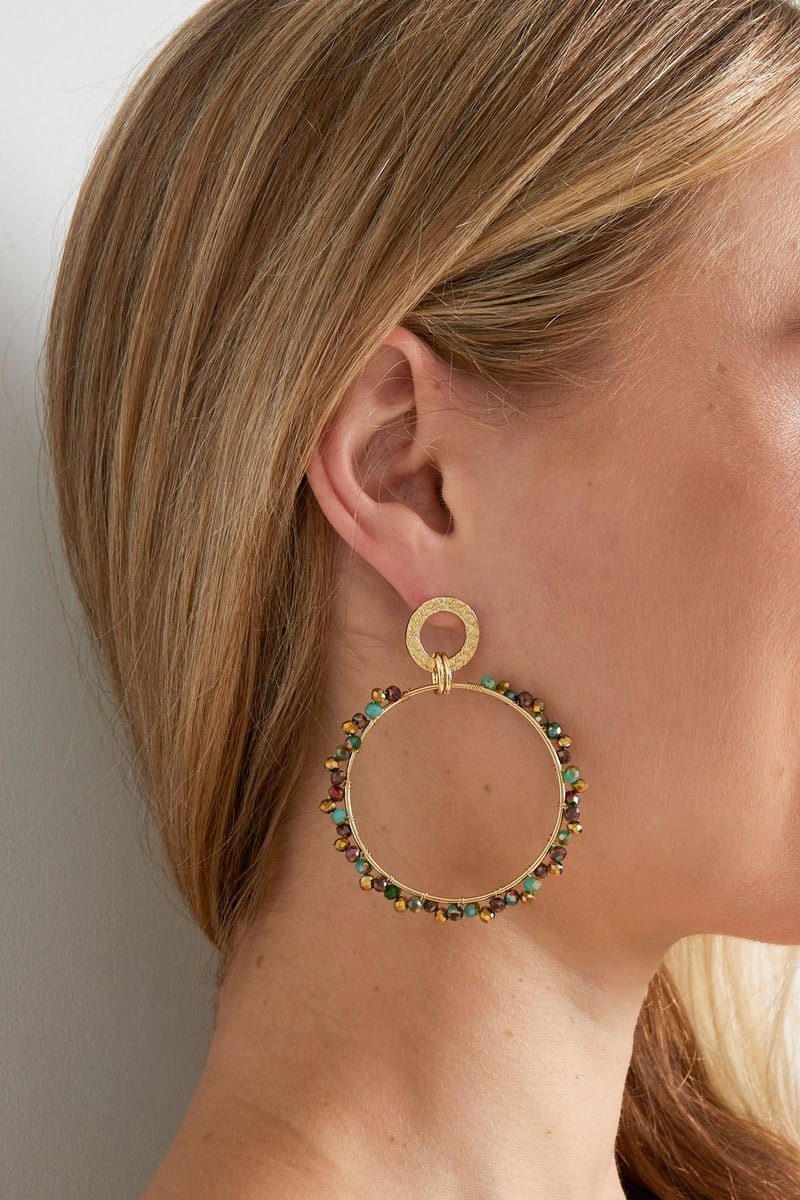 Oorbellen Ronde dubbele cirkel met Kleurrijke kraal - koper - Goud kleur/veelkleurig