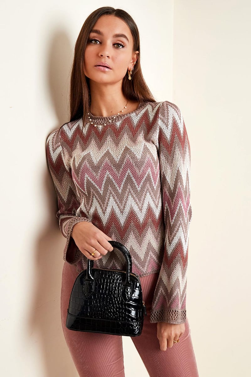 Gehaakte flared top met lange mouwen Zwart S