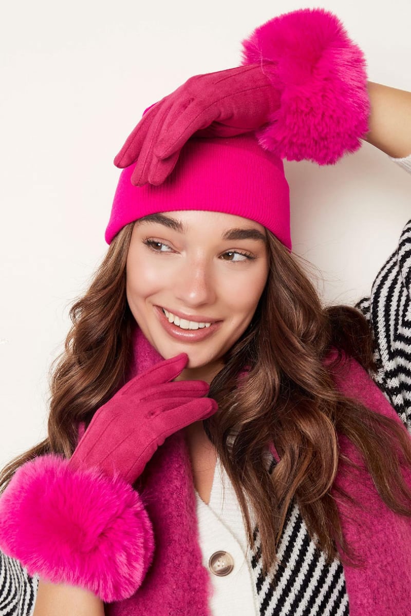 Handschoenen faux fur met suède look Camel Polyester One size