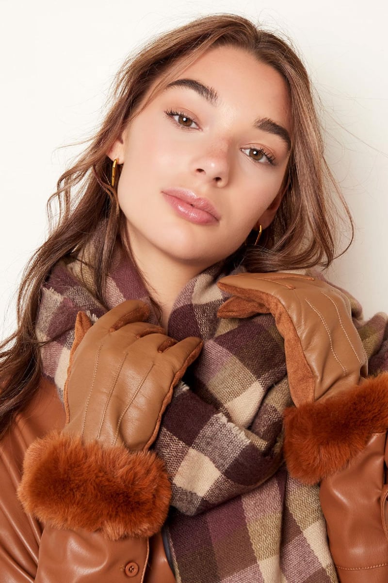 Handschoenen met faux fur en leren look Groen Polyester One size