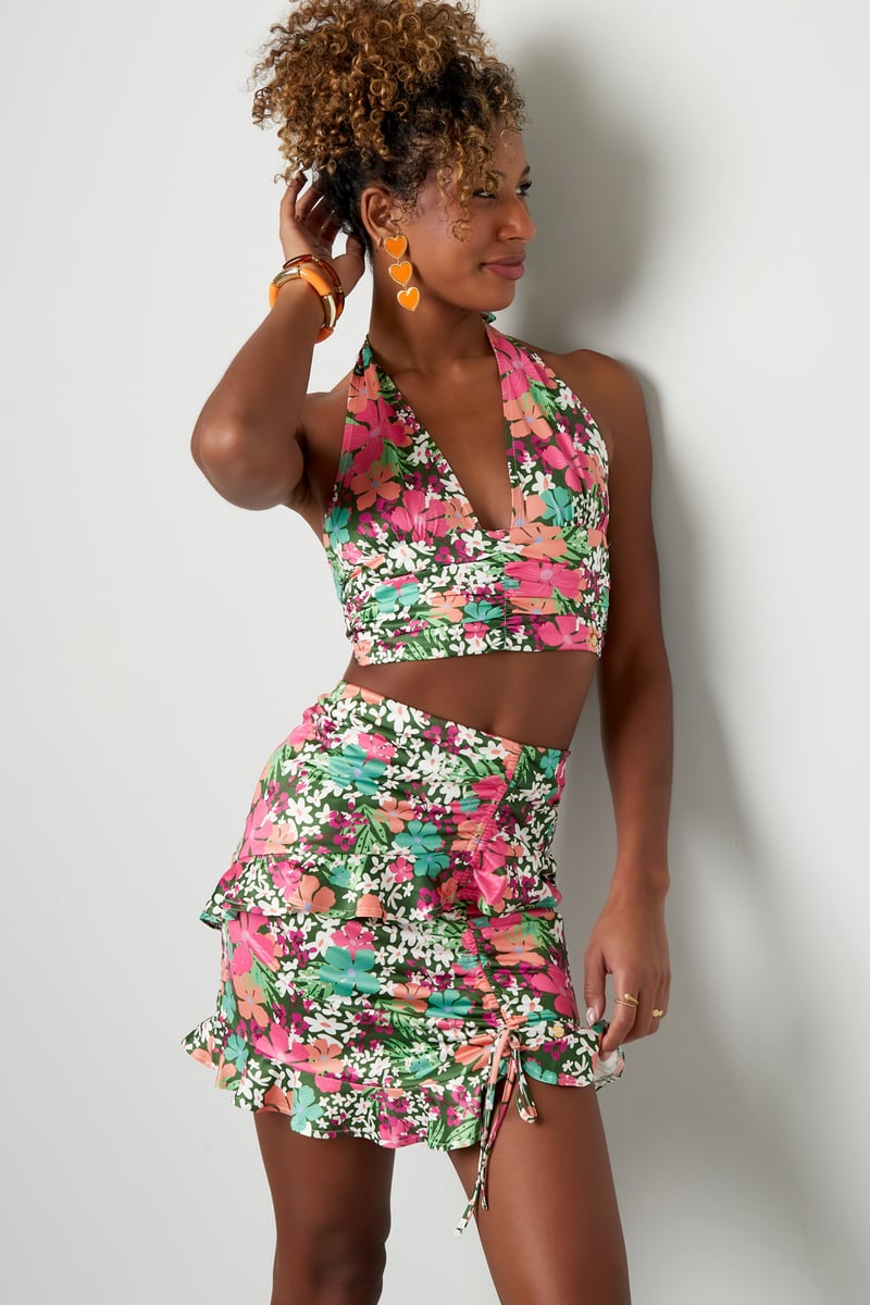 Rok kleurrijke bloemen - groen/roze Multi S