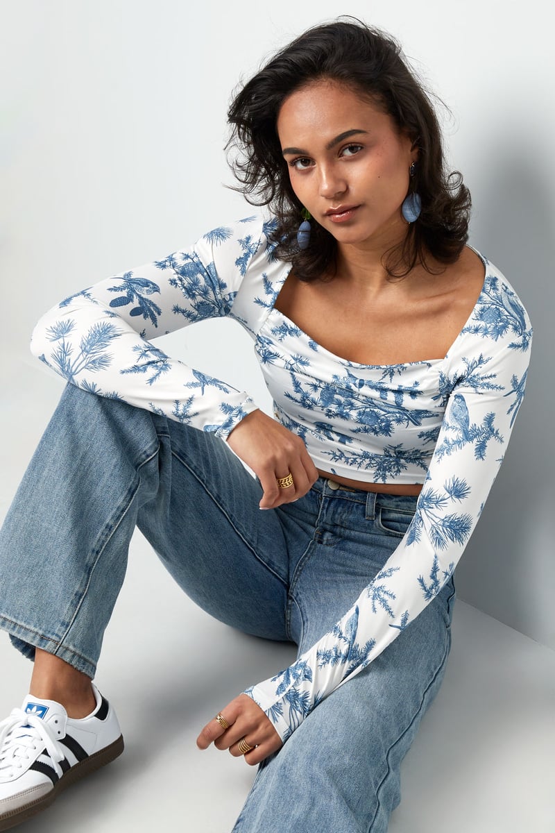 Long sleeve bloem top - blauw 