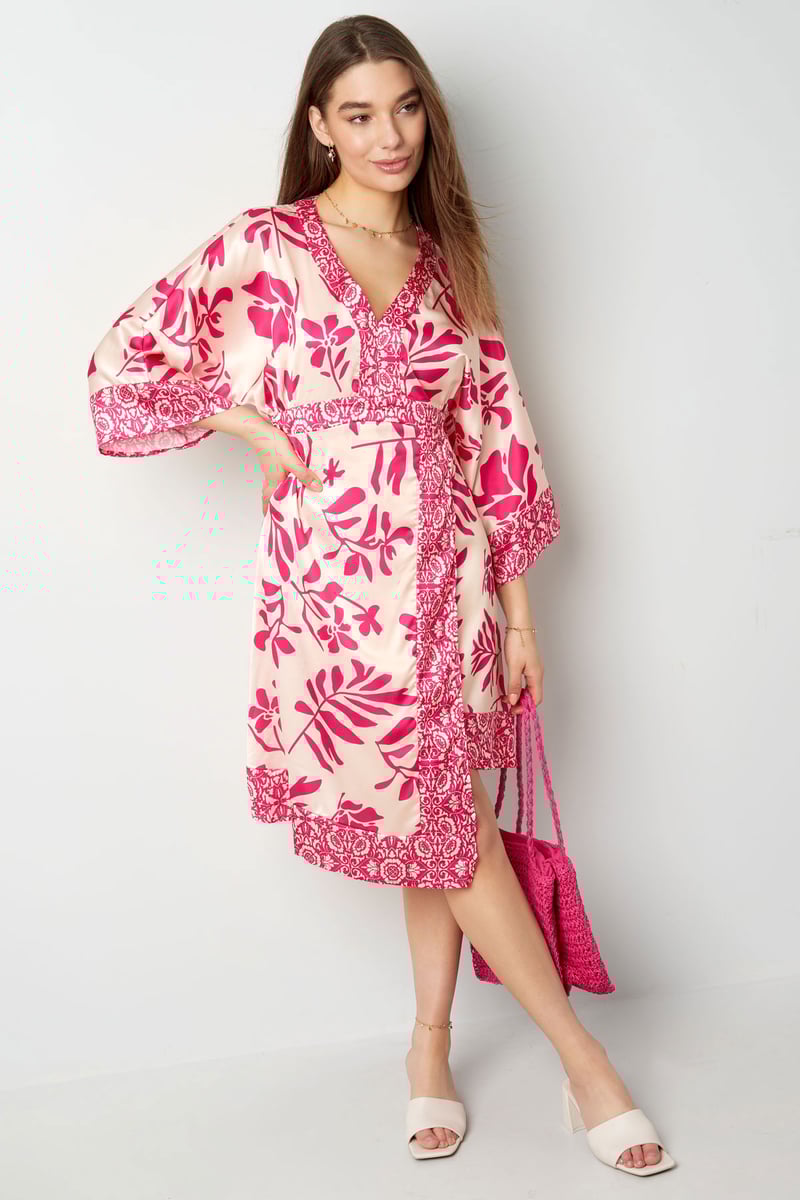 Midi-jurk met fleurige print - fuchsia