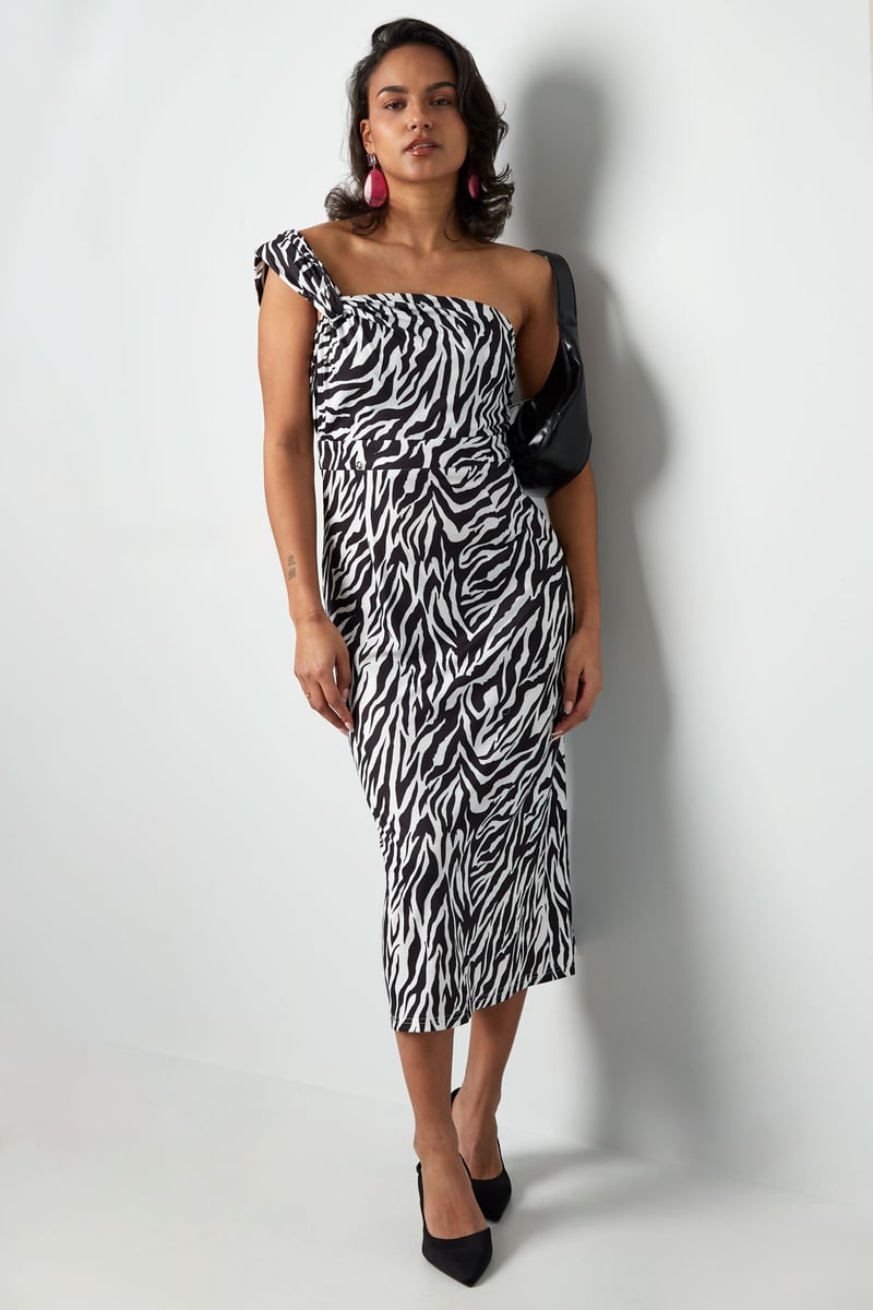 One shoulder zebra jurk - zwart