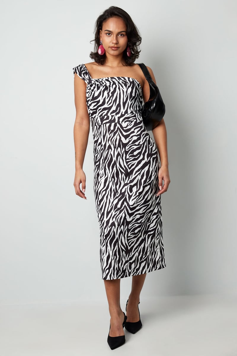 One shoulder zebra jurk - zwart