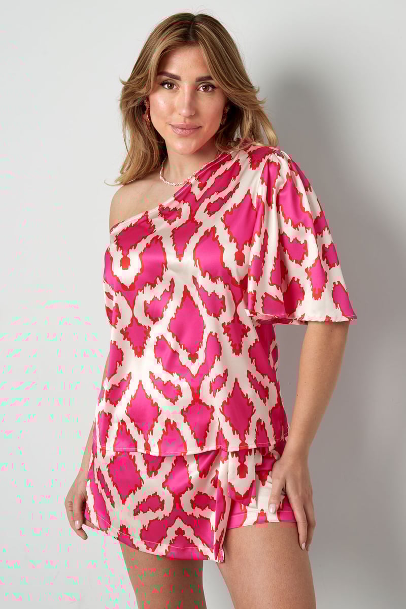 One-shoulder top tropical bliss - fuchsia