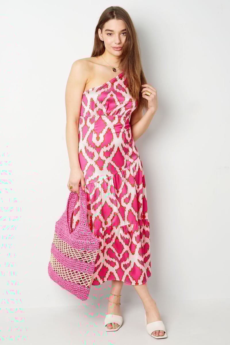 One-shoulder jurk tropical bliss - fuchsia