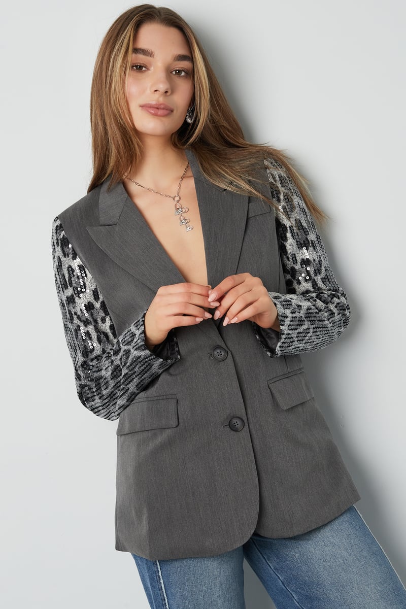 Blazer met panterprint glitter mouw - grijs