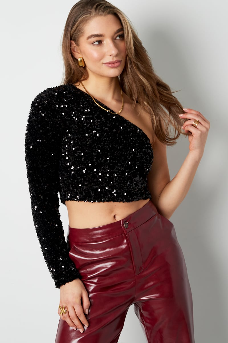 Glitter one shoulder top - Zwart