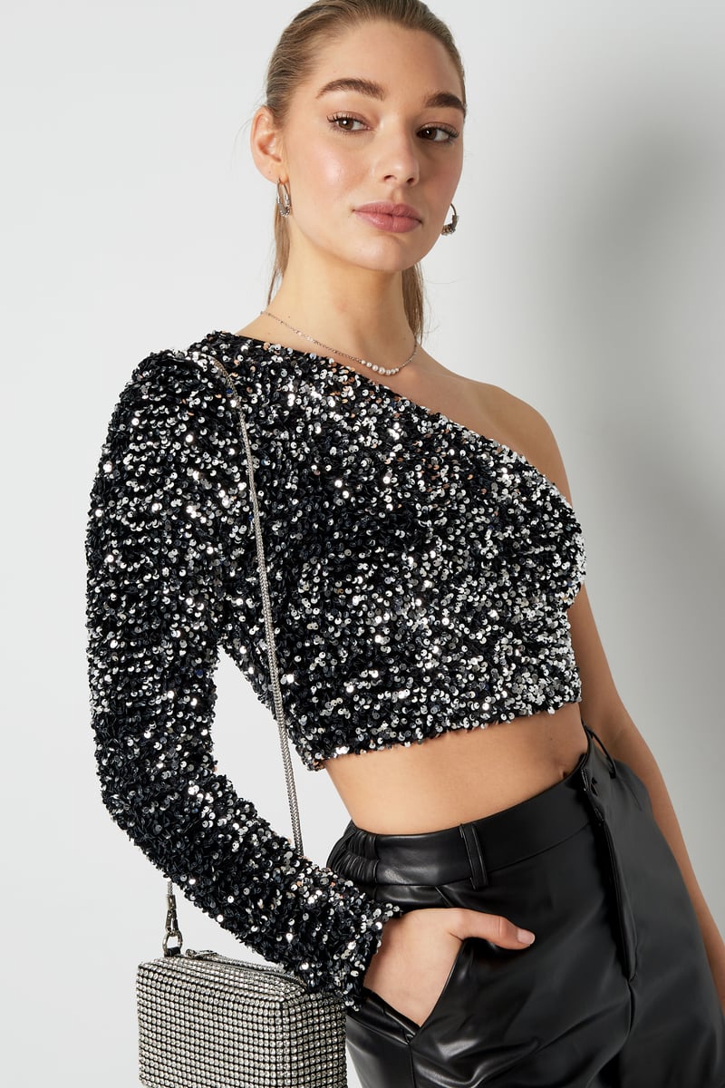 Glitter one shoulder top - Zwart