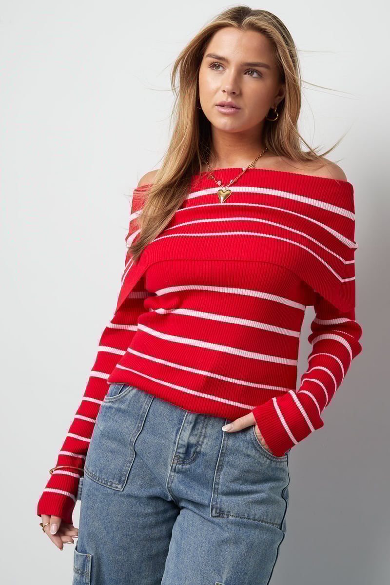 Gestreepte off shoulder top - Zwart & rood