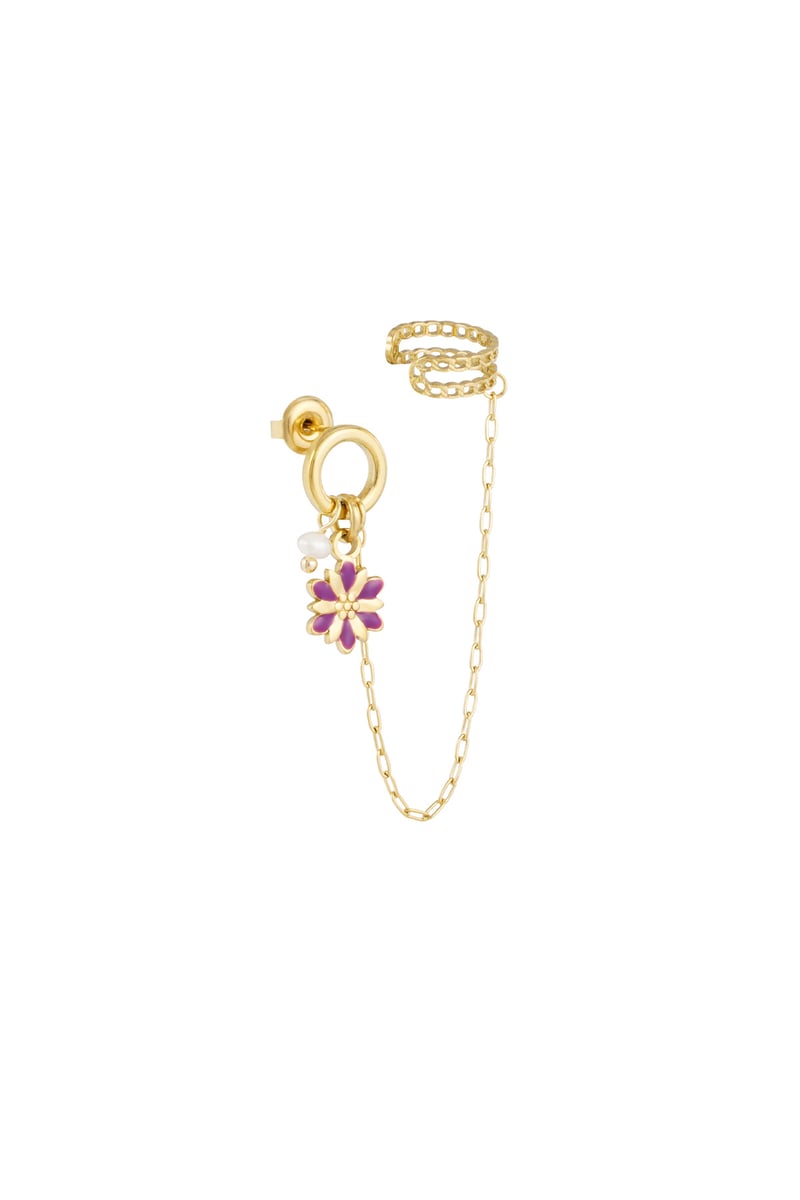 Oorbel met ear cuff bloem - Goud kleur/paars