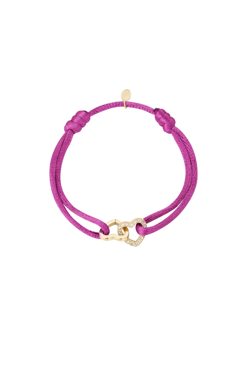 Satijnen armband dubbel hart met steentjes - fuchsia