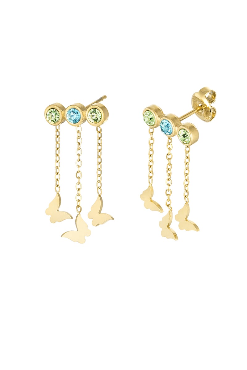 Oorbellen vlindertjes & steentjes - Goud kleur/blauw/groen