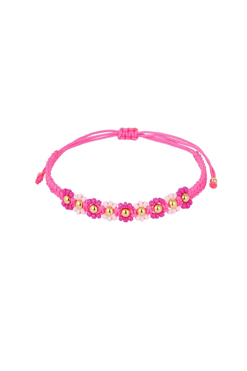 Gevlochten armband met bloemetjes - roze/Goud kleur 
