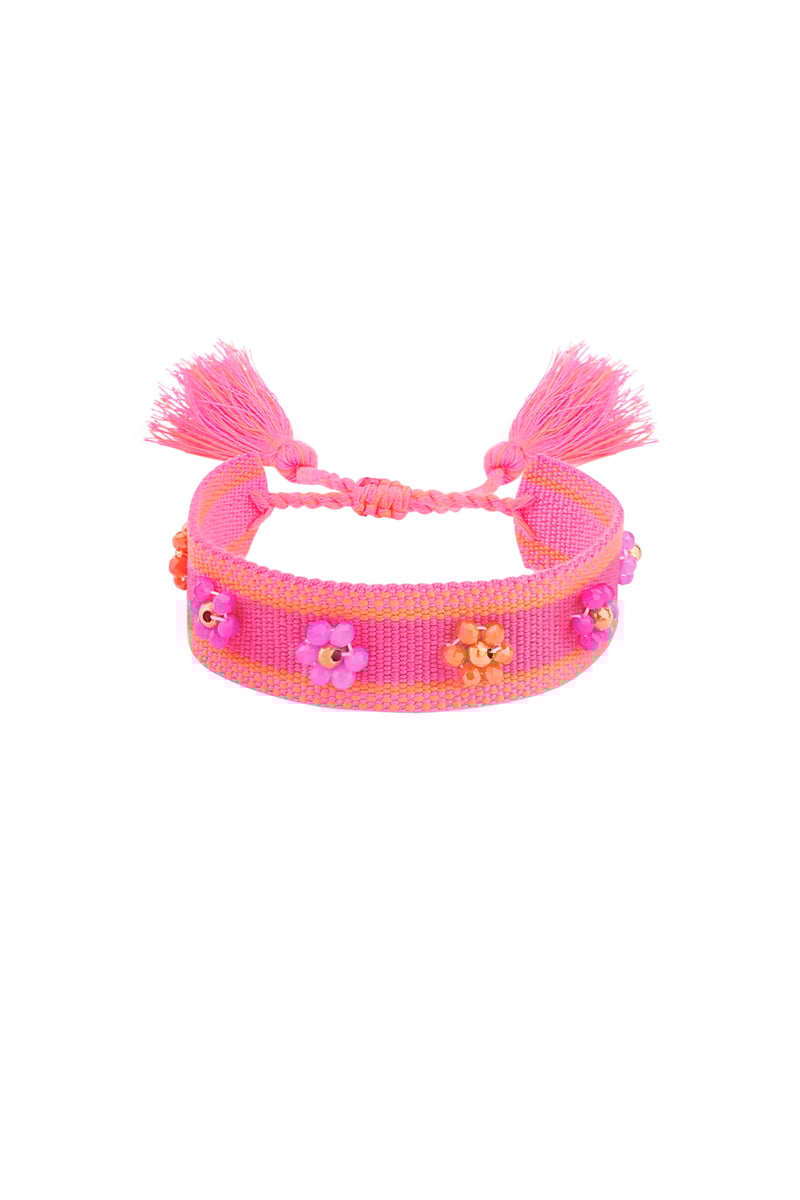 Stoffen armband met bloemen - fuchsia