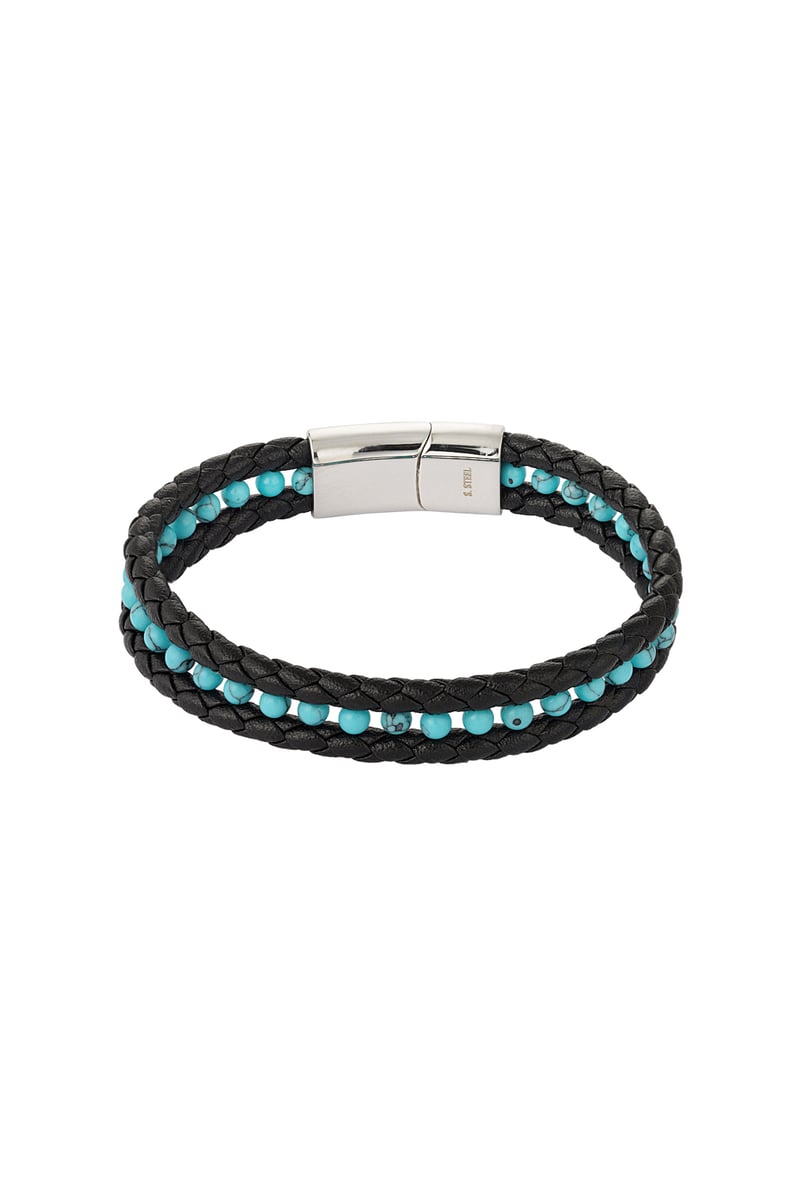 Dubbele mannenarmband gevlochten met kralen in het midden - turquoise 
