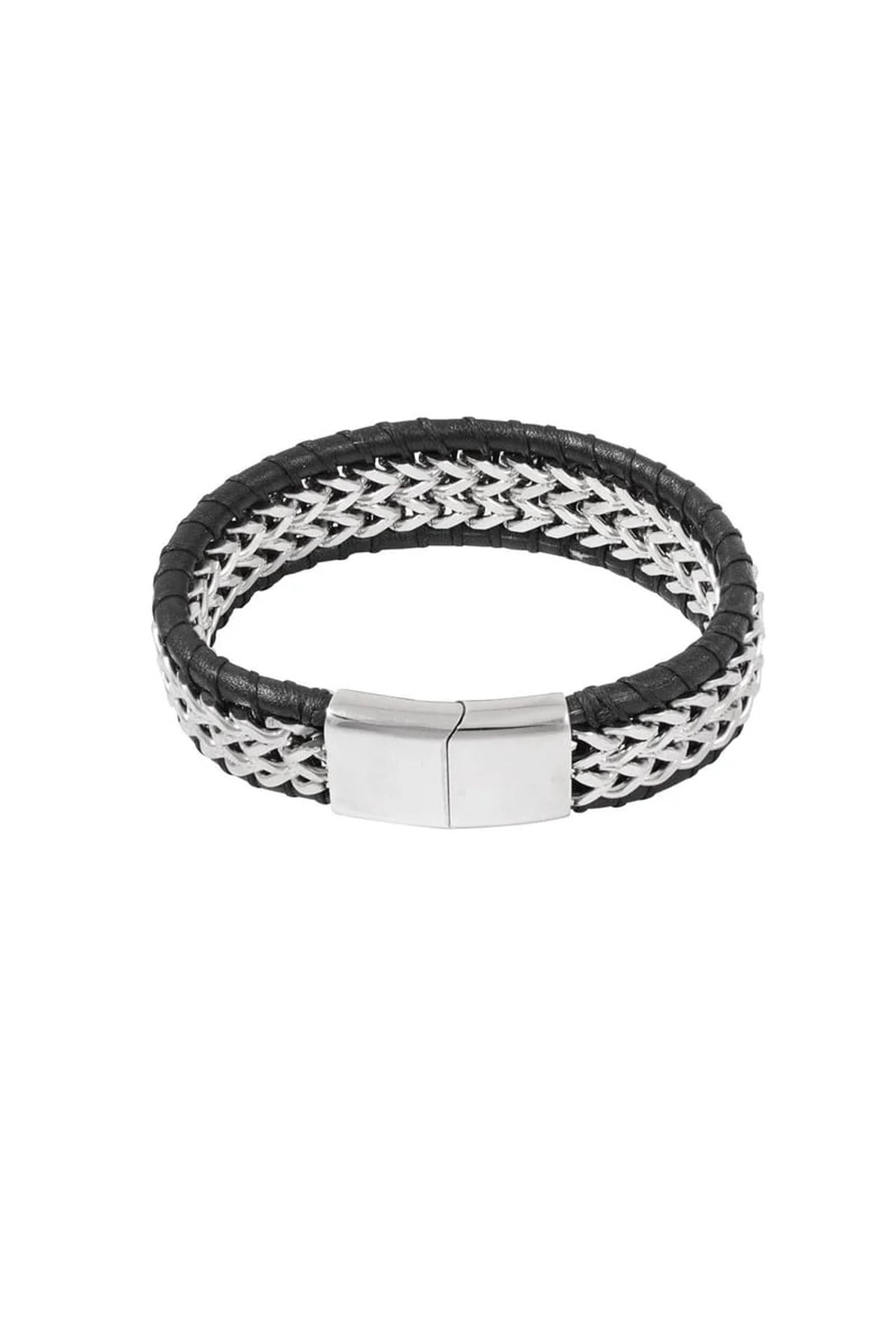 Heren armband gechakeld met leer - zilver zwart
