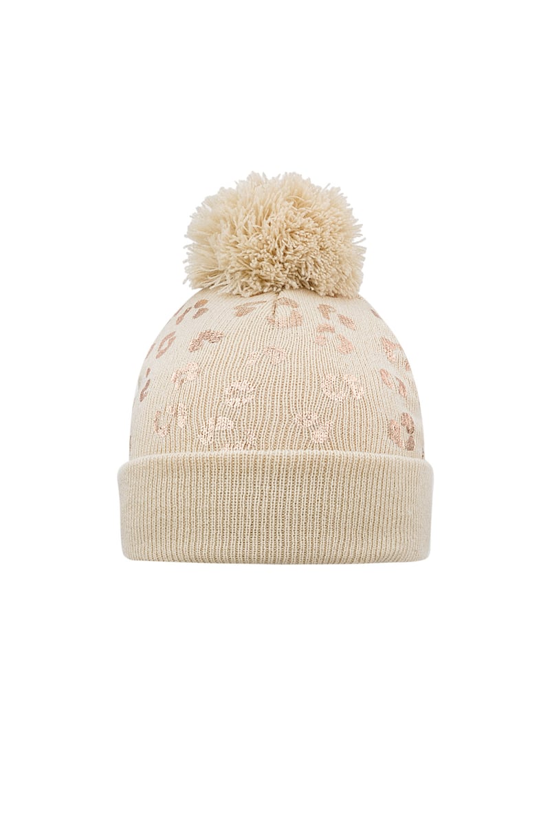 Muts tijgerprint pompom kind - beige