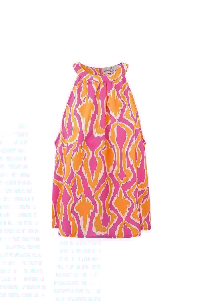 Kleurrijke haltertop met print - oranje/roze 