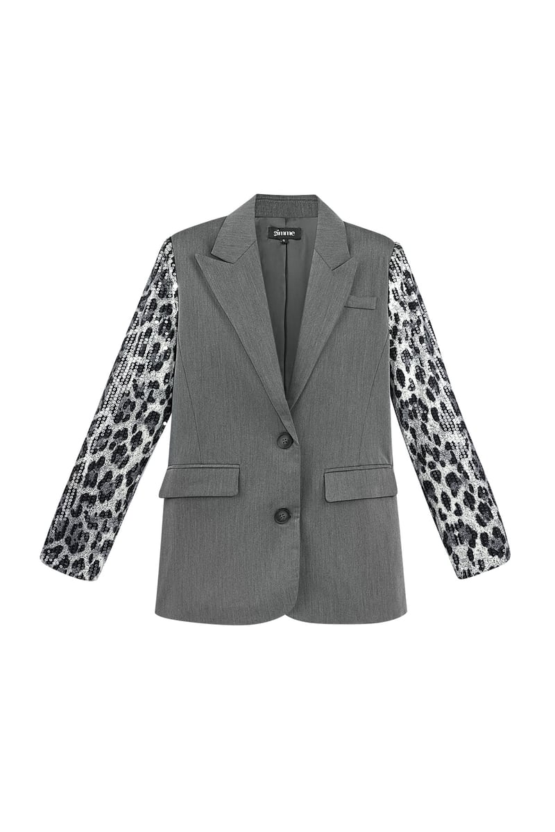 Blazer met panterprint glitter mouw - grijs