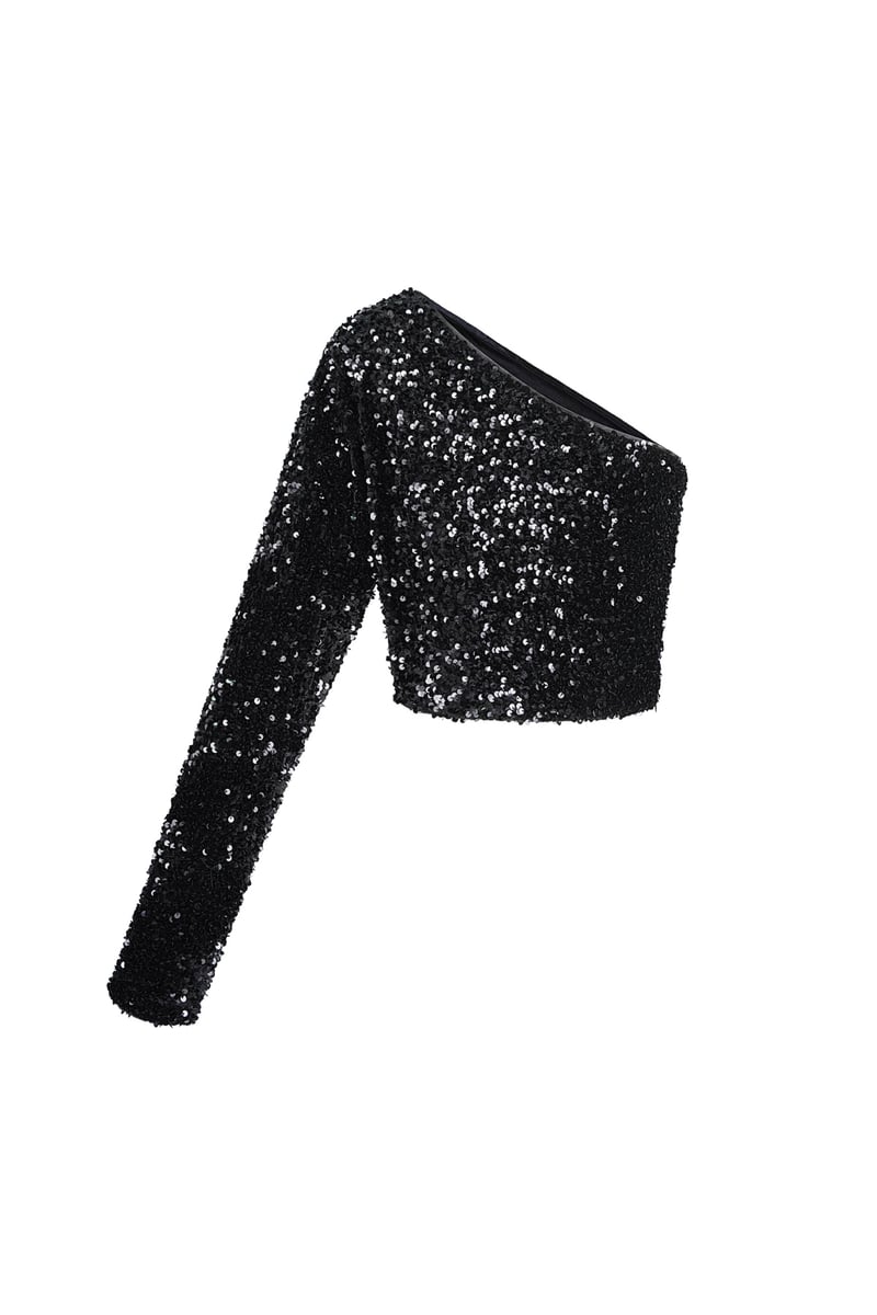Glitter one shoulder top - Zwart