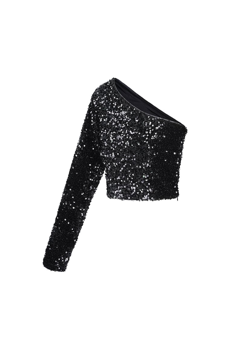 Glitter one shoulder top - Zwart