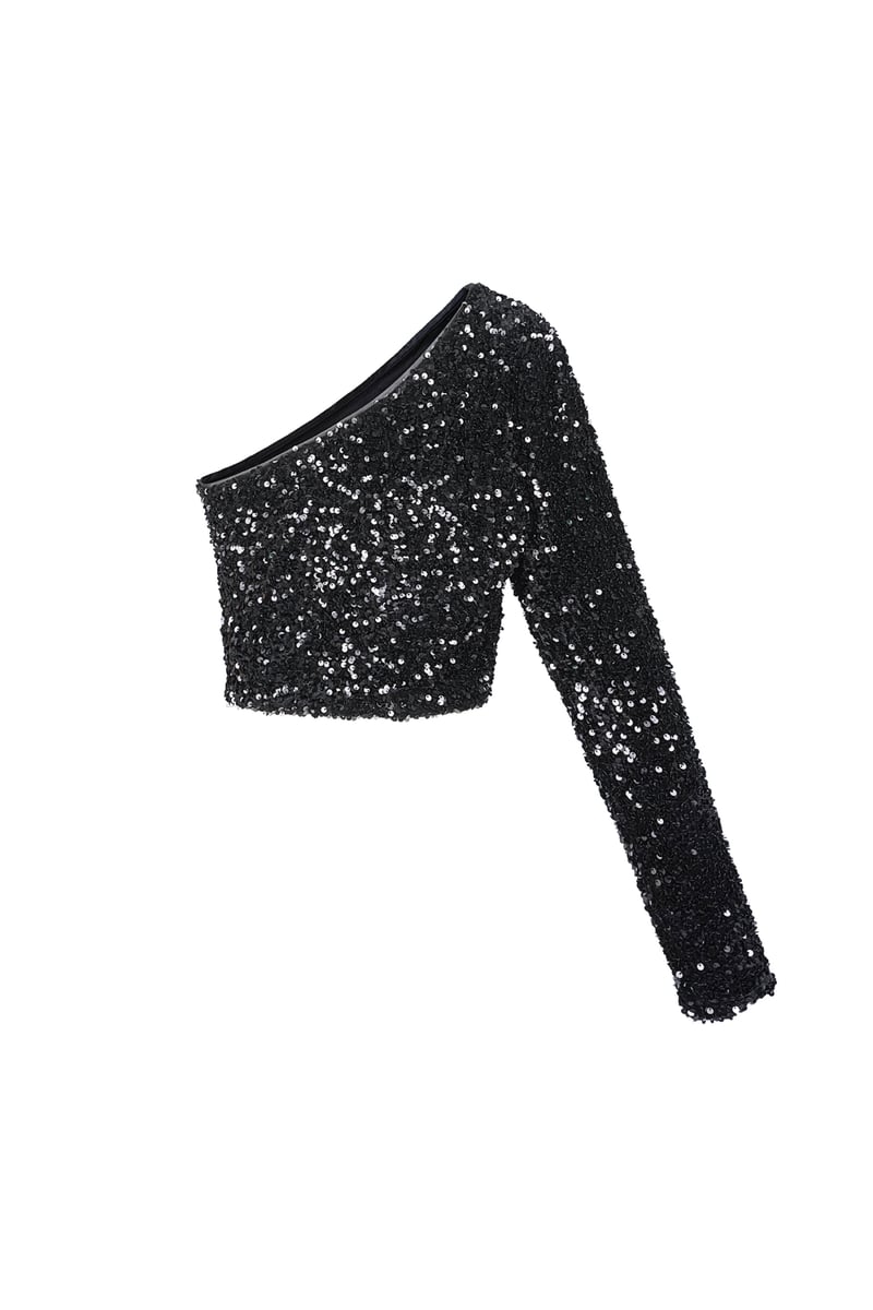 Glitter one shoulder top - Zwart