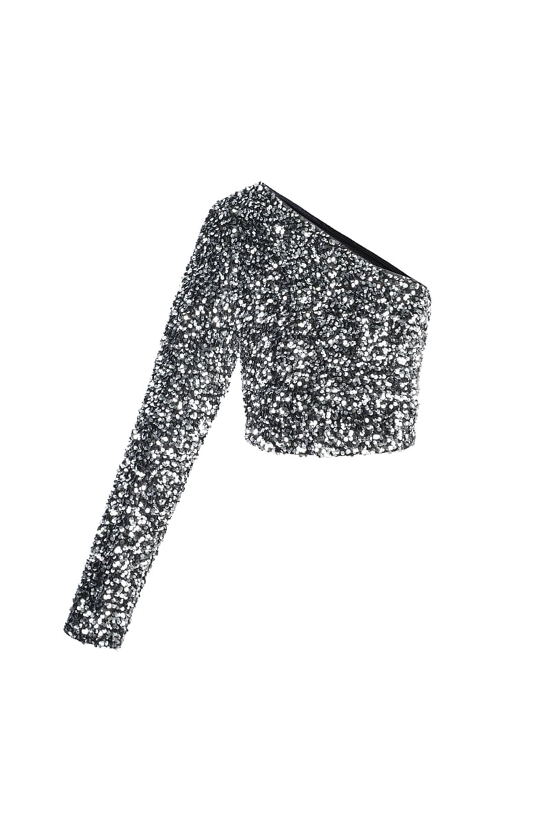 Glitter one shoulder top - Zwart
