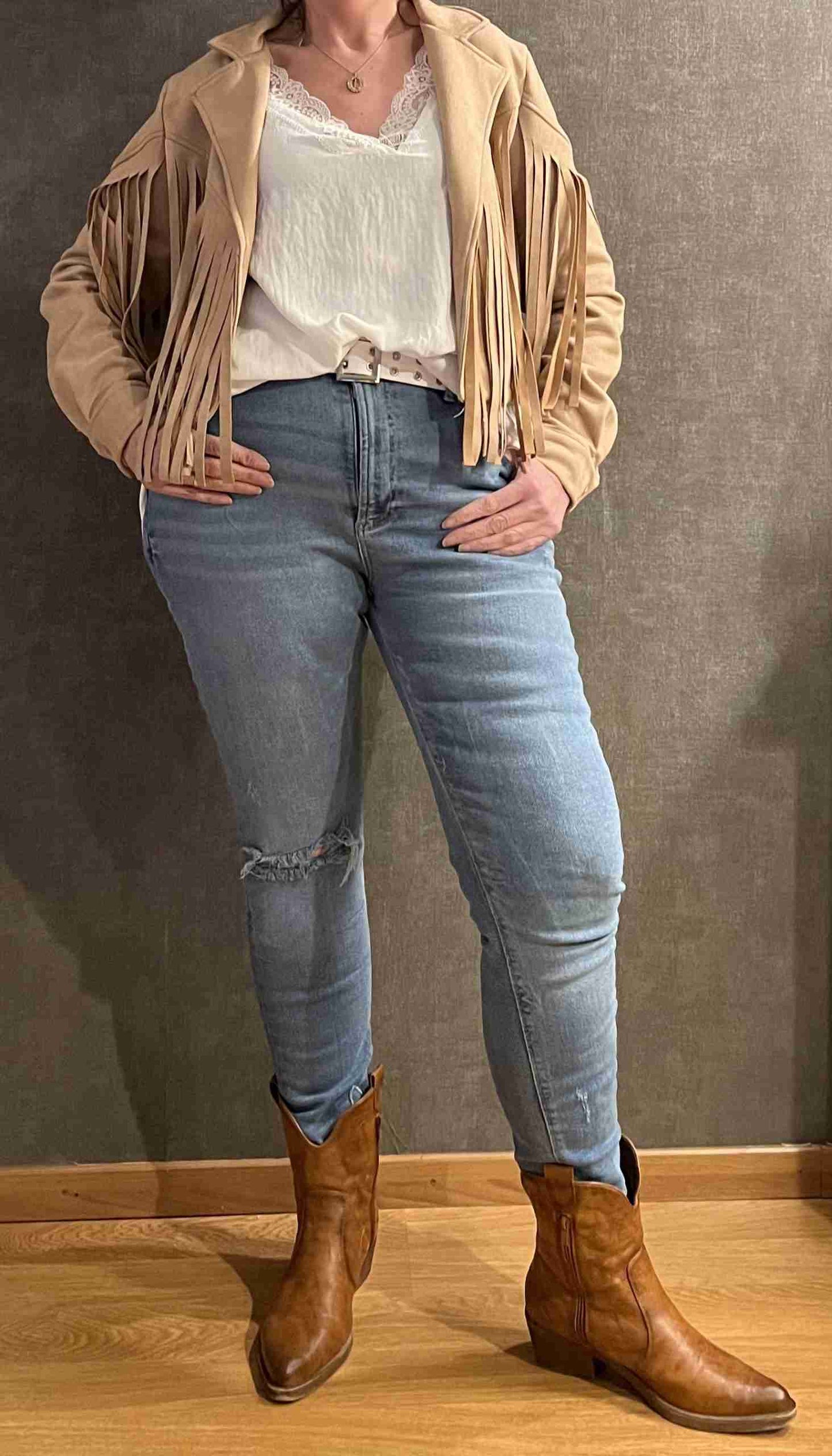 Suede Fringe Jasje Beige