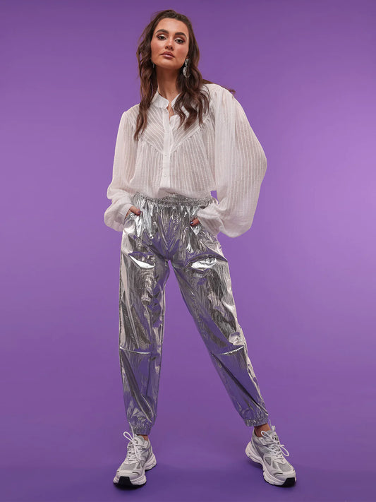 AMBICA Georgina Metallic Zilveren Parachute Broek